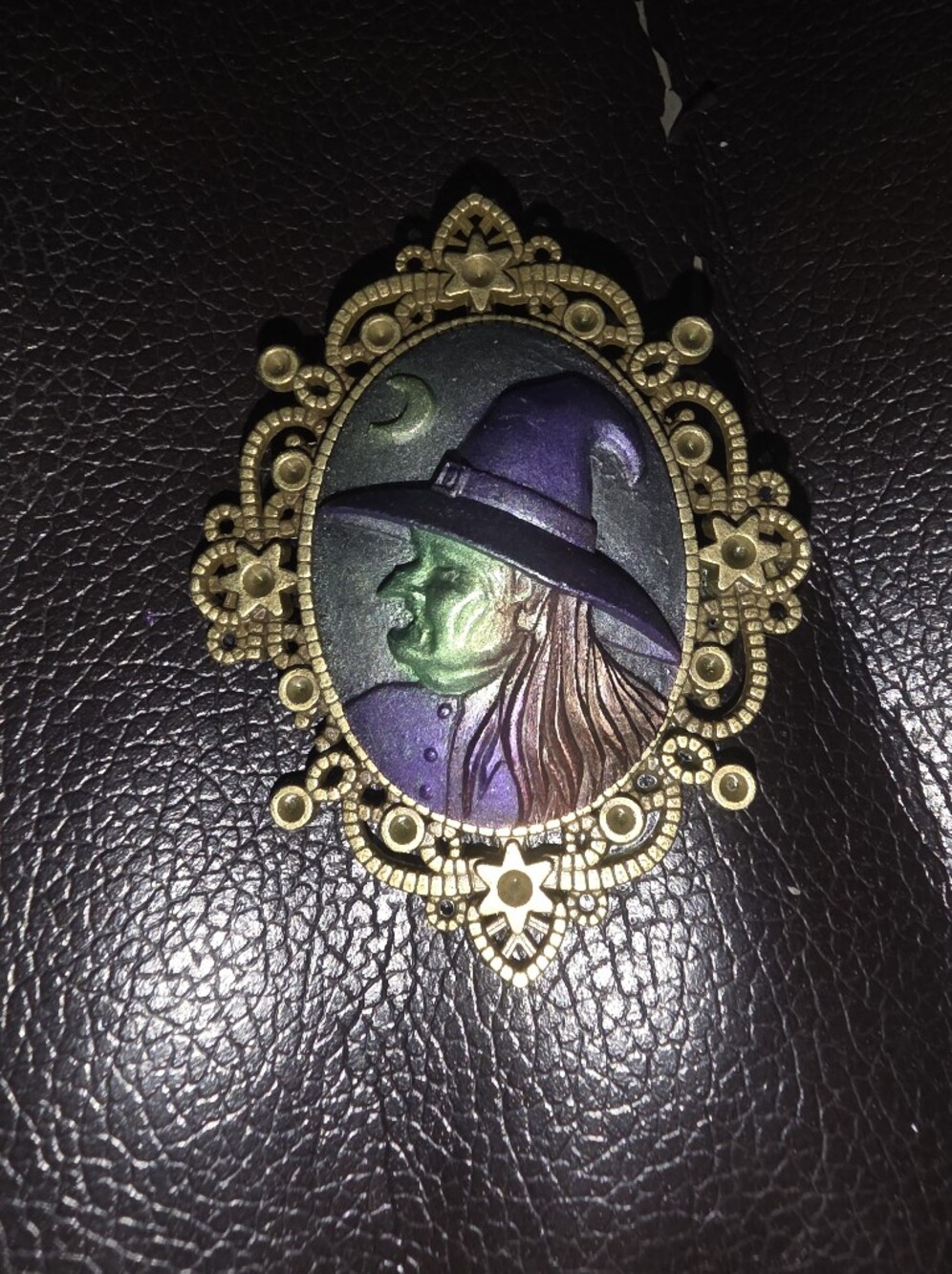 Resin Brooch  Of Witch Wearing Purple Perfect For The Wiccan Or Halloween